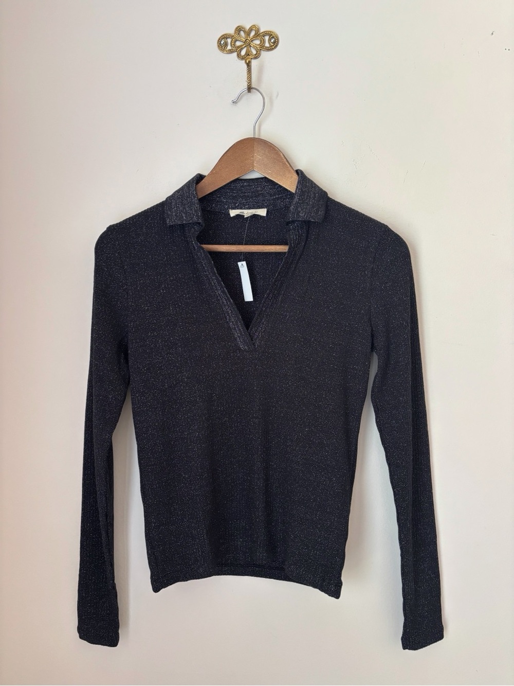 Madewell Black Sparkle Long-Sleeve Polo Top Small NEW NWT